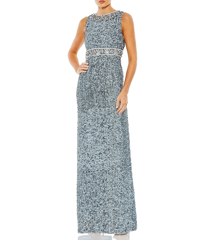 Mac Duggal Sleeveless Crew Neck Beaded Column Gown