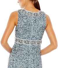 Mac Duggal Sleeveless Crew Neck Beaded Column Gown