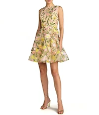 Mac Duggal Sleeveless Embroidered Lace High Neck Mini Dress