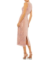 Mac Duggal Sleeveless Floral Beaded Striped Sequin Sheath Midi Dress
