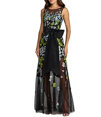 Mac Duggal Sleeveless Floral Embroidered Mesh Gown