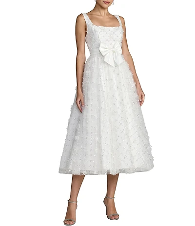 Mac Duggal Sleeveless Floral Tulle Midi Dress With Satin Bow