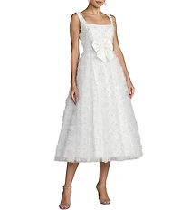 Mac Duggal Sleeveless Floral Tulle Midi Dress With Satin Bow