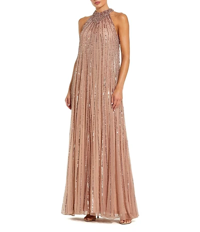 Mac Duggal Sleeveless Halter Neck Mesh Sequin Gown