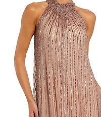 Mac Duggal Sleeveless Halter Neck Mesh Sequin Gown