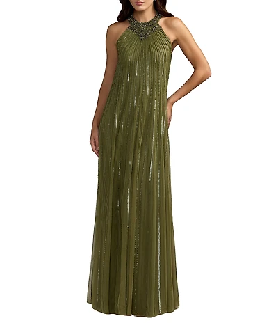 Mac Duggal Sleeveless Halter Neck Mesh Sequin Gown