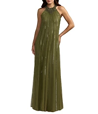 Mac Duggal Sleeveless Halter Neck Mesh Sequin Gown