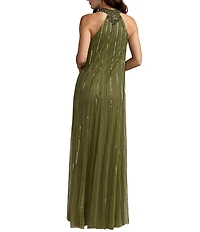 Mac Duggal Sleeveless Halter Neck Mesh Sequin Gown