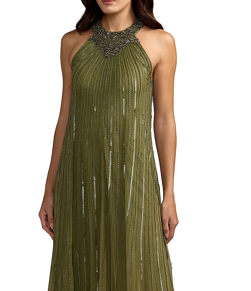 Mac Duggal Sleeveless Halter Neck Mesh Sequin Gown