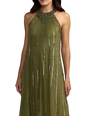 Mac Duggal Sleeveless Halter Neck Mesh Sequin Gown