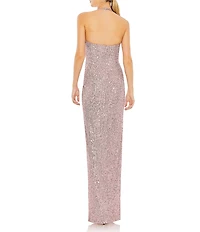 Mac Duggal Sleeveless Halter Square Neck Side Knot Thigh High Slit Sequin Sheath Gown