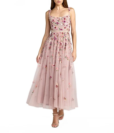 Mac Duggal Sleeveless Hand Beaded Floral Scoop Neck Midi Dress