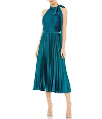 Mac Duggal Sleeveless Halter Bow Mock Neck Pleated A-Line Midi Dress