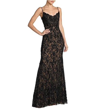 Mac Duggal Sleeveless Illusion Lace Column Gown