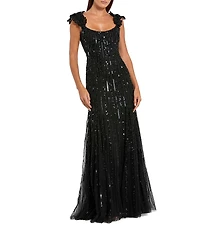Mac Duggal Sleeveless Mesh Gown With Floral Shoulder Detail