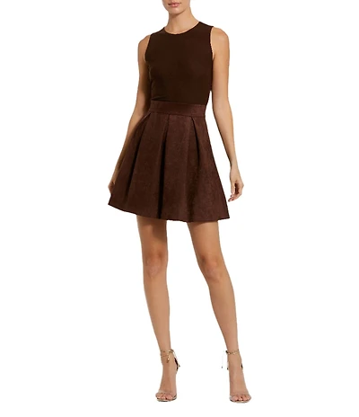 Mac Duggal Sleeveless Mixed Media Mesh Bodice Suede Skirt Fit & Flare Mini Dress