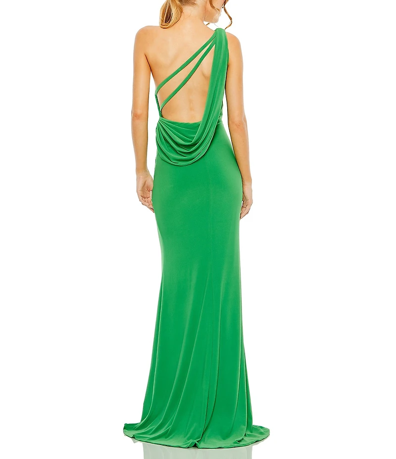 Mac Duggal Sleeveless One Shoulder Thigh High Slit Draped Back Detail Jersey Sheath Gown