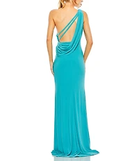Mac Duggal Sleeveless One Shoulder Thigh High Slit Draped Back Detail Jersey Sheath Gown