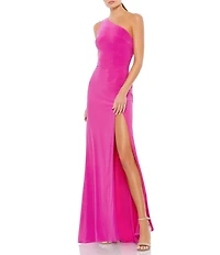 Mac Duggal Sleeveless One Shoulder Thigh High Slit Draped Back Detail Jersey Sheath Gown
