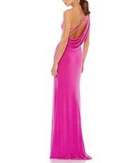 Mac Duggal Sleeveless One Shoulder Thigh High Slit Draped Back Detail Jersey Sheath Gown