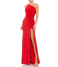 Mac Duggal Sleeveless One Shoulder Thigh High Slit Draped Back Detail Jersey Sheath Gown
