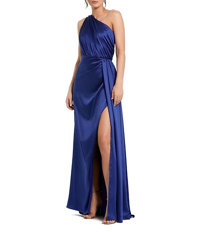 Mac Duggal Sleeveless Pleated One Shoulder Thigh High Slit Satin A-Line Gown
