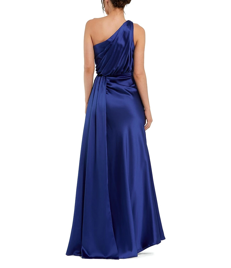 Mac Duggal Sleeveless Pleated One Shoulder Thigh High Slit Satin A-Line Gown