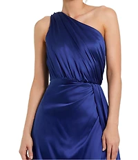 Mac Duggal Sleeveless Pleated One Shoulder Thigh High Slit Satin A-Line Gown