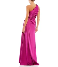 Mac Duggal Sleeveless Pleated One Shoulder Thigh High Slit Satin A-Line Gown