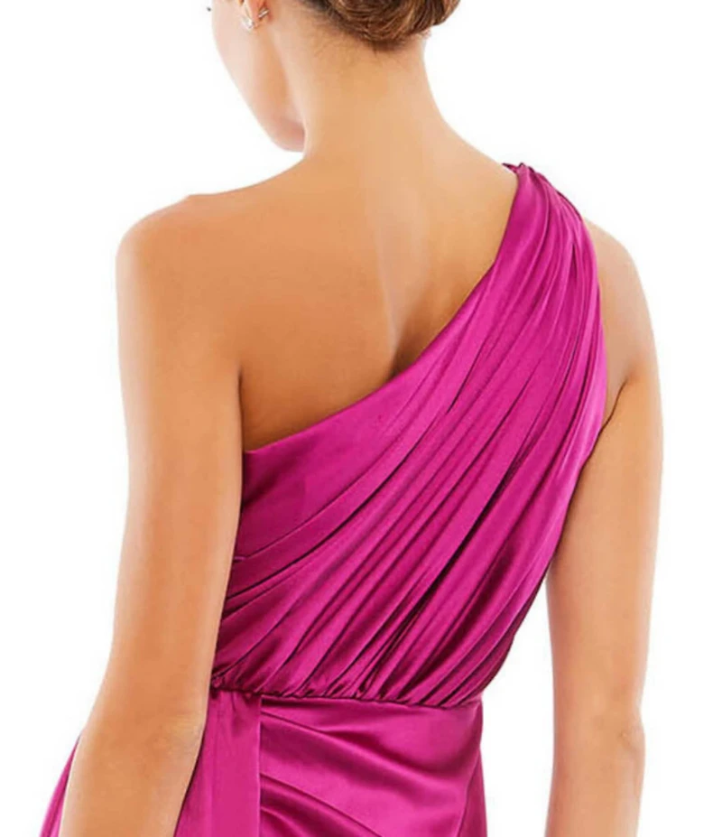 Mac Duggal Sleeveless Pleated One Shoulder Thigh High Slit Satin A-Line Gown