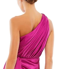 Mac Duggal Sleeveless Pleated One Shoulder Thigh High Slit Satin A-Line Gown