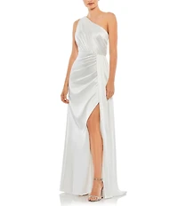Mac Duggal Sleeveless Pleated One Shoulder Thigh High Slit Satin A-Line Gown