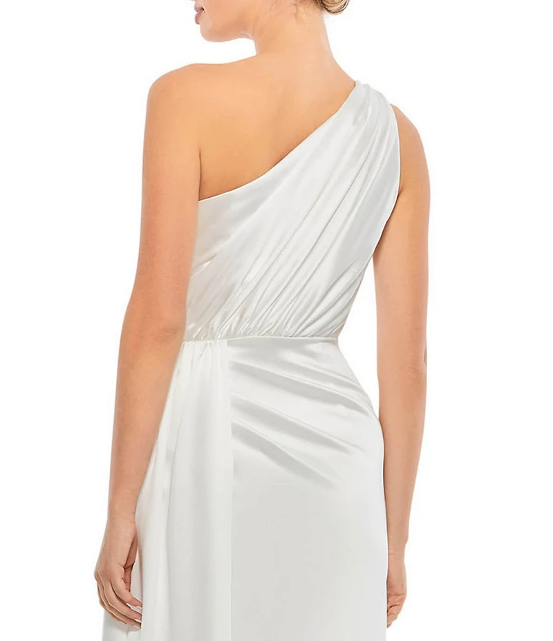 Mac Duggal Sleeveless Pleated One Shoulder Thigh High Slit Satin A-Line Gown