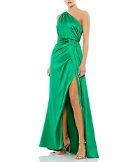 Mac Duggal Sleeveless Pleated One Shoulder Thigh High Slit Satin A-Line Gown