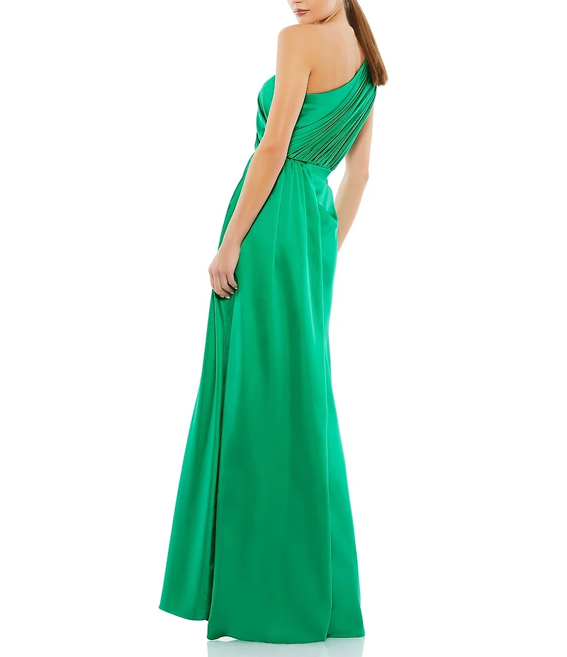 Mac Duggal Sleeveless Pleated One Shoulder Thigh High Slit Satin A-Line Gown