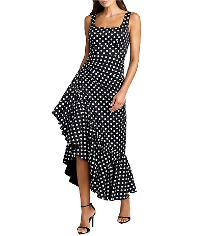 Mac Duggal Sleeveless Polka Dot Twill High Ruffle Low Dress