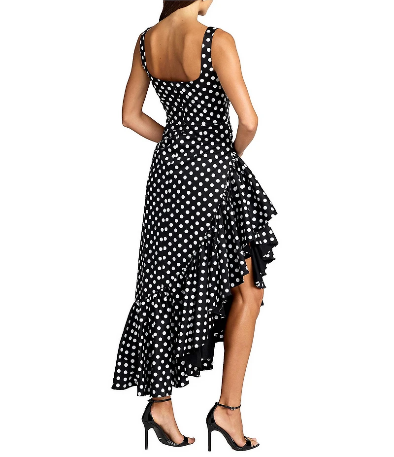 Mac Duggal Sleeveless Polka Dot Twill High Ruffle Low Dress
