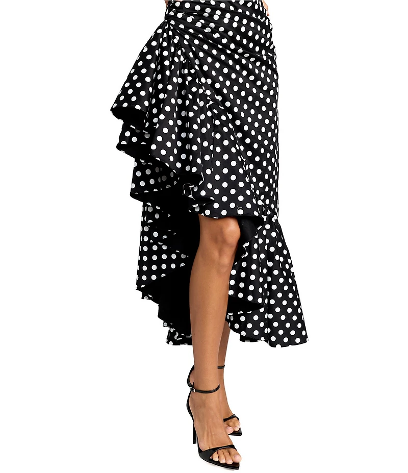 Mac Duggal Sleeveless Polka Dot Twill High Ruffle Low Dress