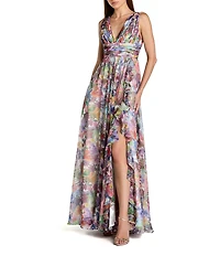 Mac Duggal Sleeveless Printed Chiffon V Neck Ruched Gown