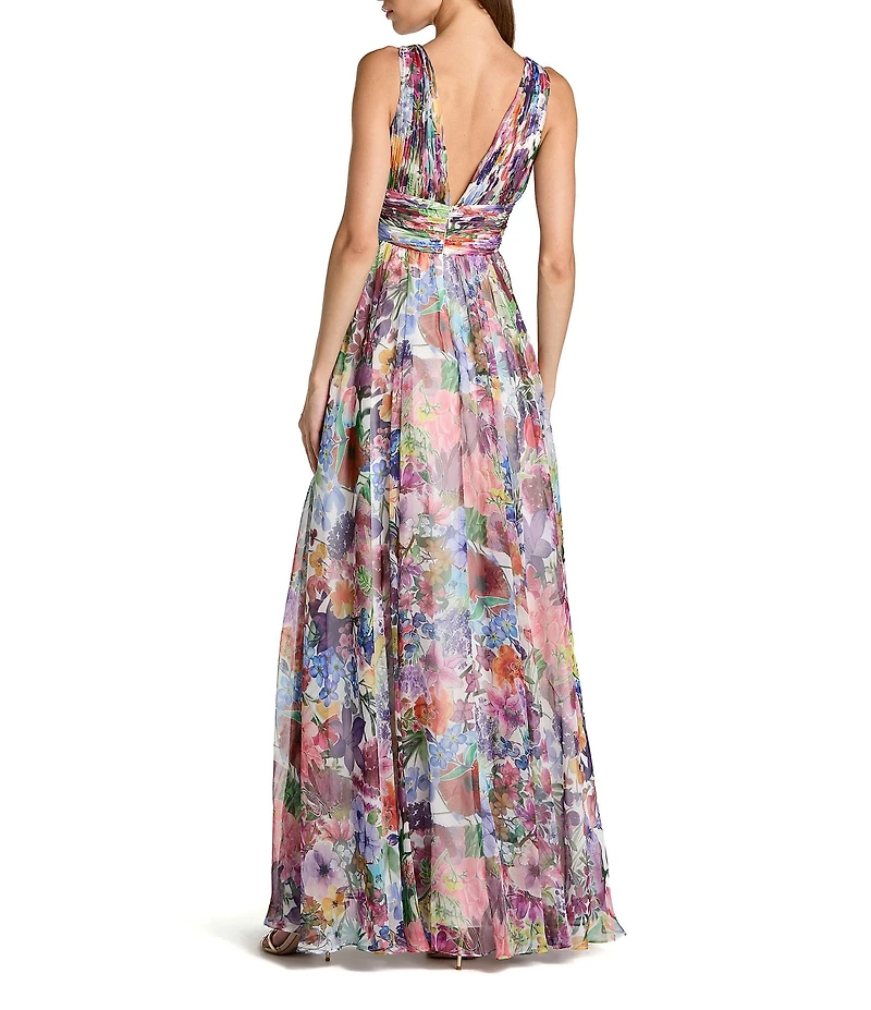 Mac Duggal Sleeveless Printed Chiffon V Neck Ruched Gown