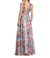 Mac Duggal Sleeveless Printed Chiffon V Neck Ruched Gown