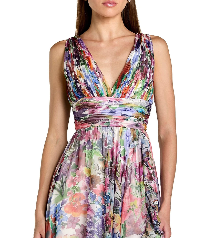 Mac Duggal Sleeveless Printed Chiffon V Neck Ruched Gown
