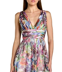 Mac Duggal Sleeveless Printed Chiffon V Neck Ruched Gown