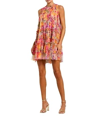 Mac Duggal Sleeveless Printed Mesh Mini Dress