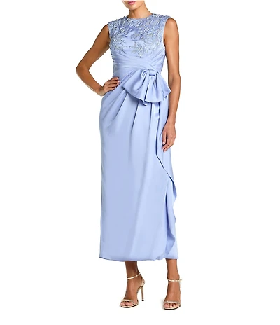 Mac Duggal Sleeveless Satin Beaded Bow Midi Sheath Dress
