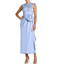 Mac Duggal Sleeveless Satin Beaded Bow Midi Sheath Dress