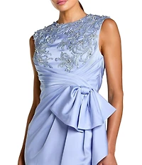 Mac Duggal Sleeveless Satin Beaded Bow Midi Sheath Dress