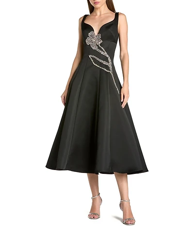 Mac Duggal Sleeveless Satin Midi Dress With Flower