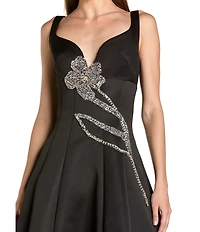 Mac Duggal Sleeveless Satin Midi Dress With Flower