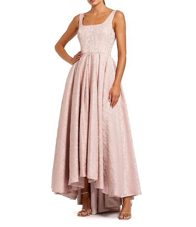 Mac Duggal Sleeveless Scoop Neck Jacquard Hi-Low Dress